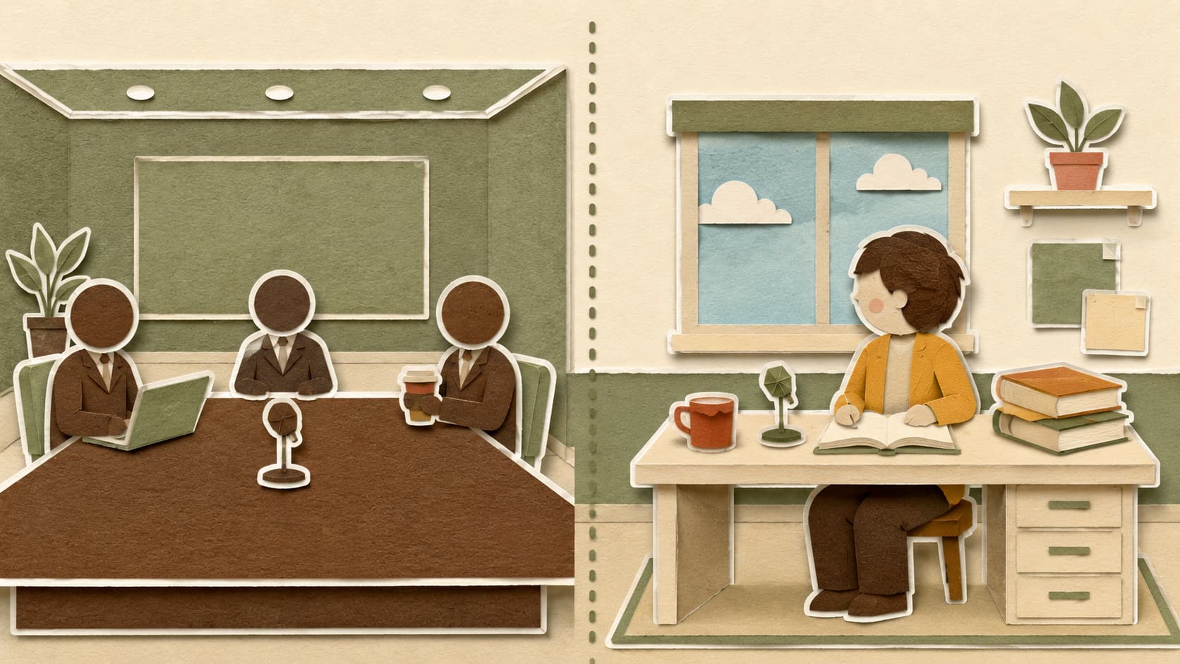 A paper boardroom on the left, a paper dorm desk on the right, the visual gap Polmi is built for.