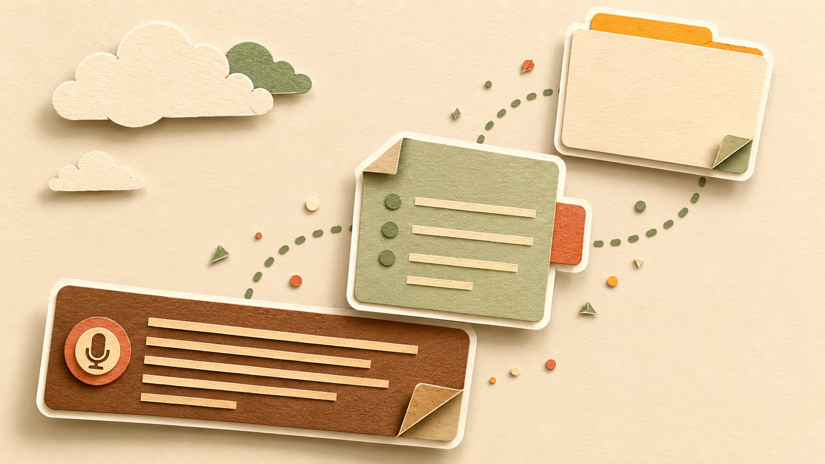 Three layered paper cards drifting up and to the right, the shape of the Polmi workflow.