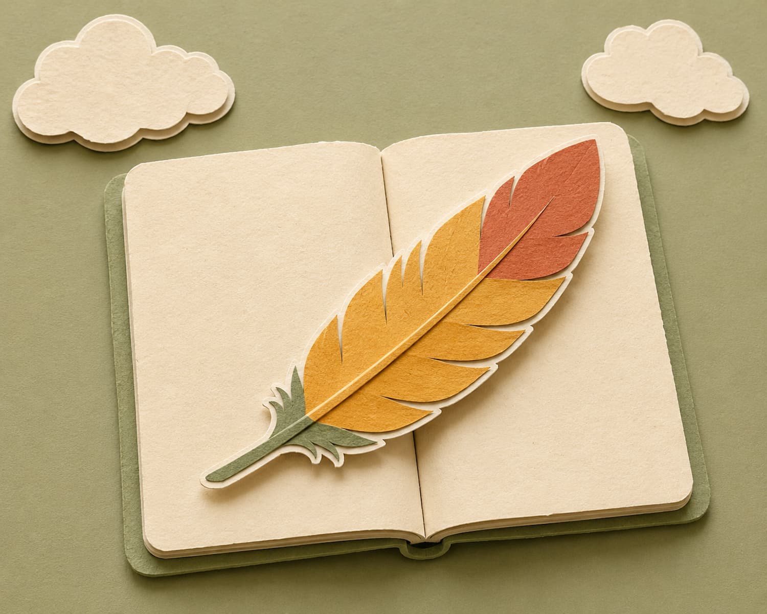 A paper-cut feather rests on an unfolded lecture notebook.