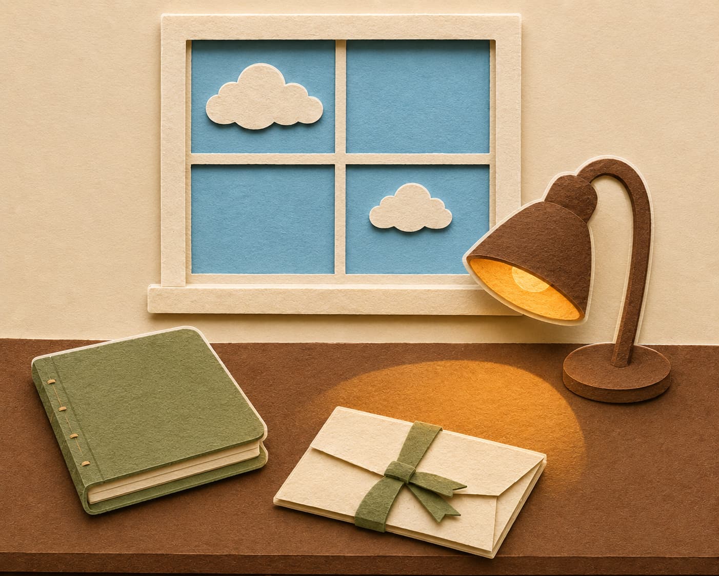 A paper-craft desk: notebooks, a small lamp, a folded letter.