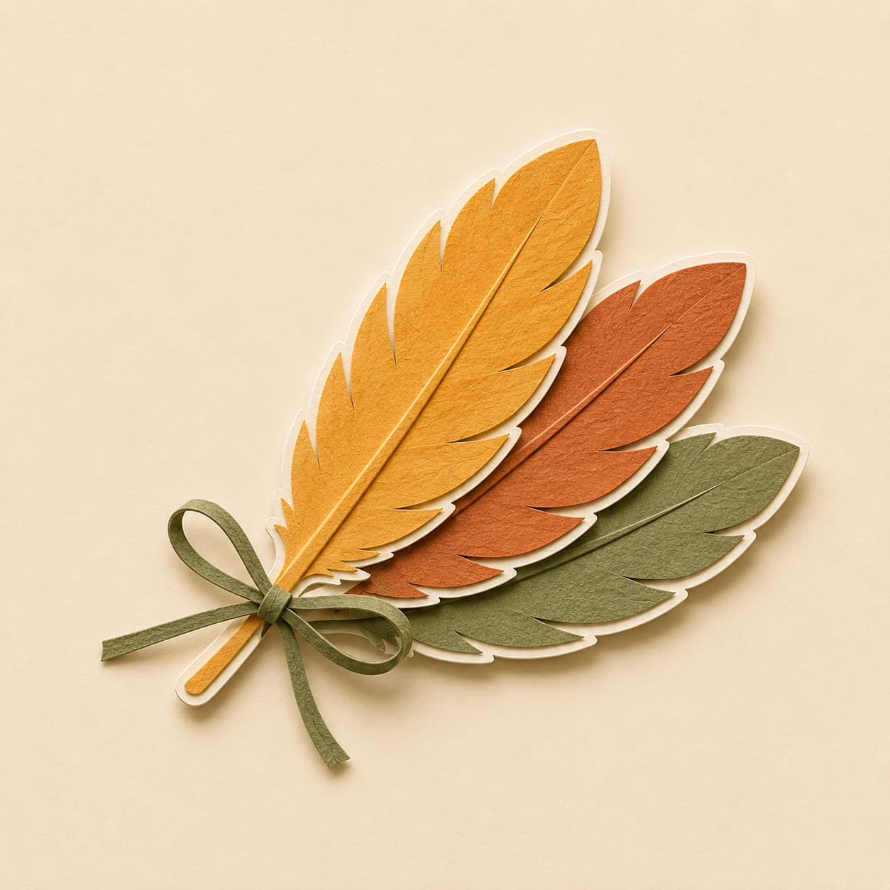 Three paper feathers in a loose stack, tied with a moss-green ribbon.