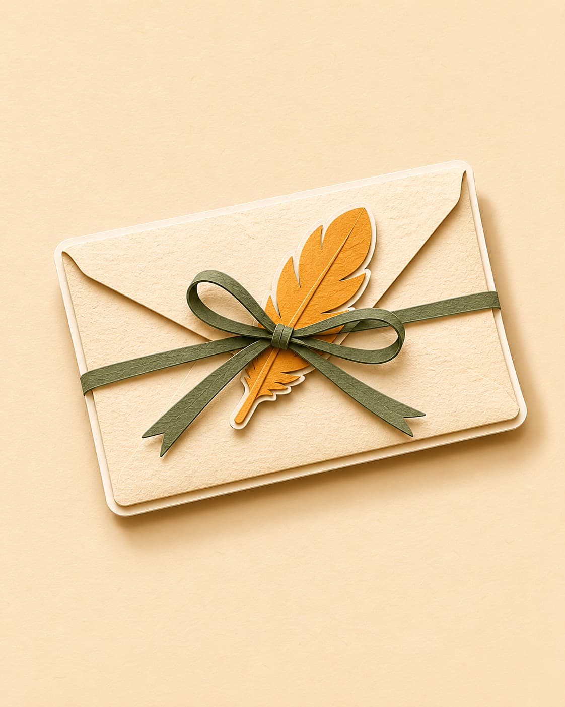 A paper envelope tied with a moss-green ribbon.